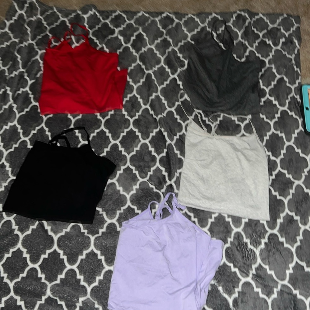 L (women) brand TIME AND TRU dark grey light grey red purple and black tank tops